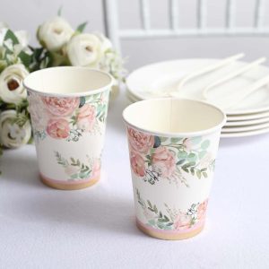 24-Pack Paper Cups 9oz Pink Peony Flower Print with Gold Foil - Stylish Disposable Party Cups for Hot & Cold Beverages - Pack of 24 Cups